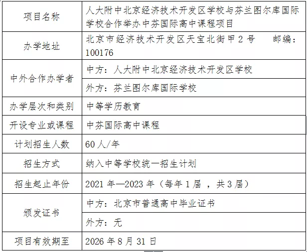 人大附中北京經(jīng)濟(jì)技術(shù)開發(fā)區(qū)學(xué)校與芬蘭圖爾庫國(guó)際學(xué)校合作舉辦中芬國(guó)際高中課程項(xiàng)目